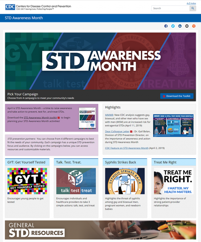 STD Awareness Month website homepage, including graphics and content developed by the Digital Promotion team.